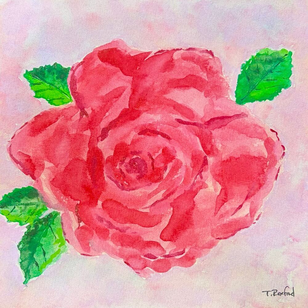 Hand painted watercolor original painting red, pink and green rose
